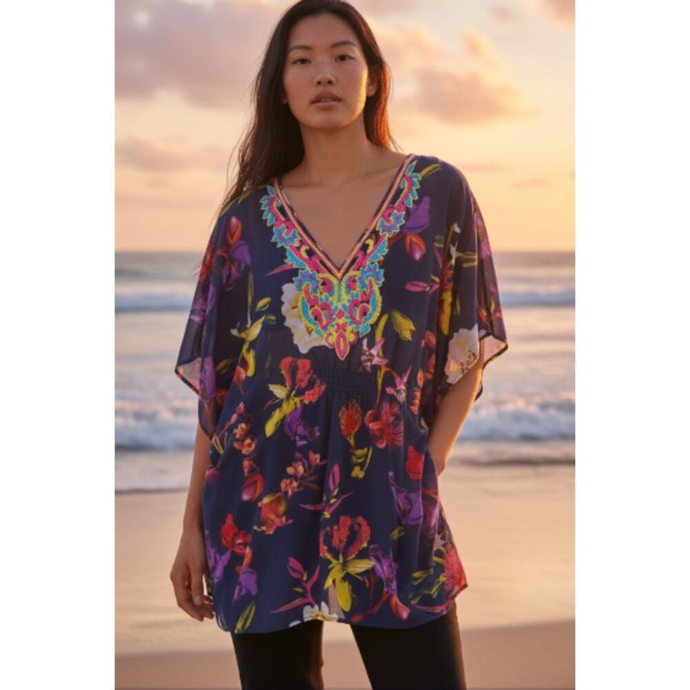 Navy Floral Beaded Bodice Swim Cover Top size Medium